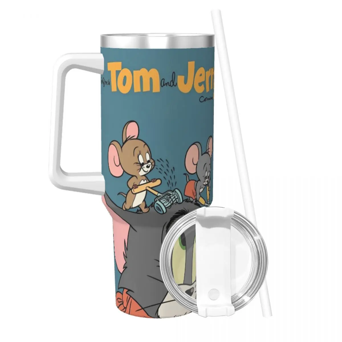 Stainless Steel Tumbler Tom And Jerry Funny Faces Fuzz Mugs Cup With Straws Animal Cat Drinks Water Bottle Large Thermal Mug