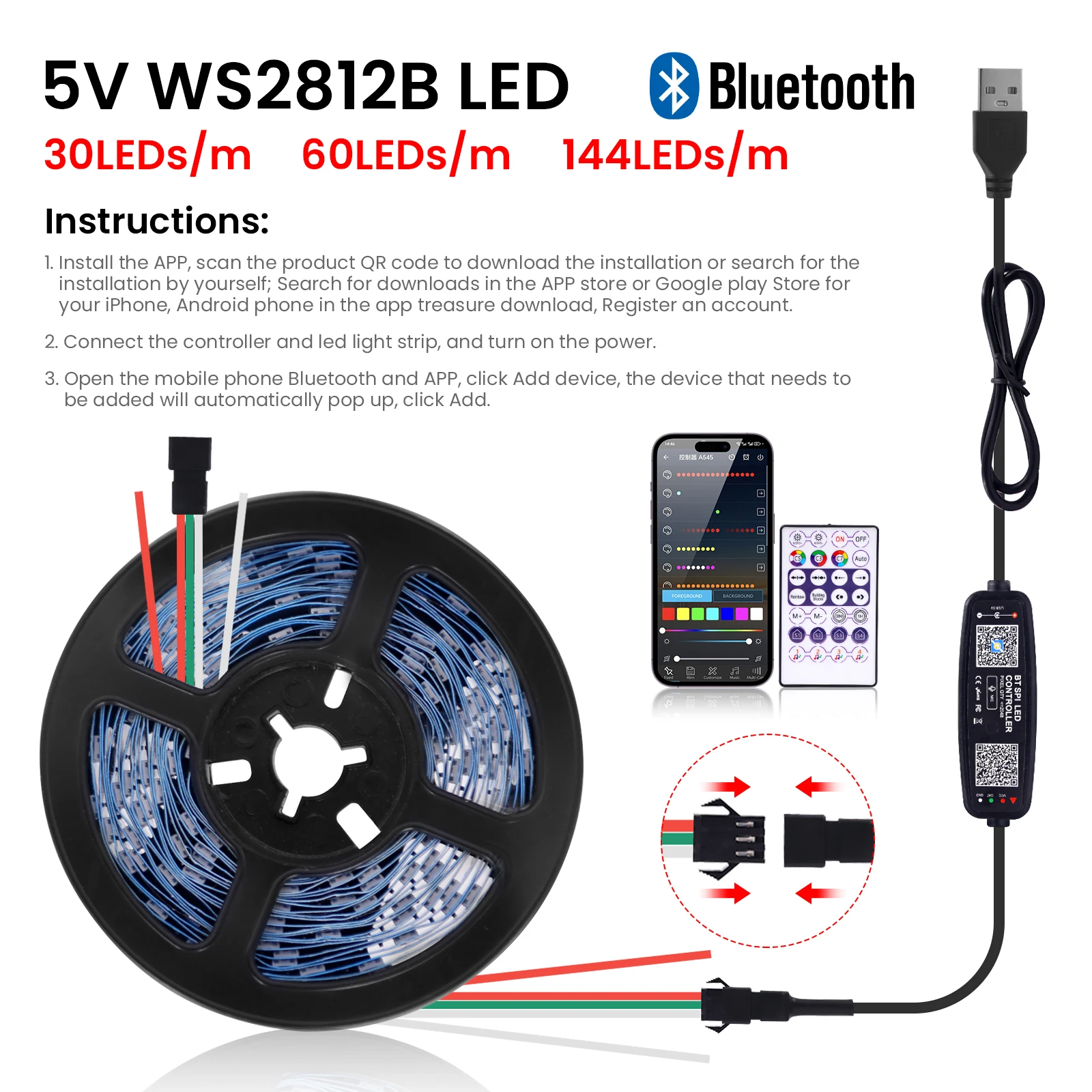 WS2812B LED Strip 5V USB Individually Addressable Smart Pixels Tape 30/60/72/90/144LEDs Bluetooth Controller Kit IP30/65/67
