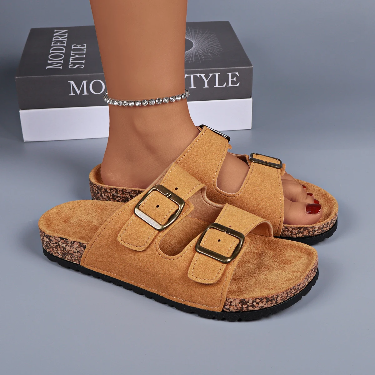 Elegant Women's Summer Shoes Double Buckle Suede Slippers Slides 2.7cm Cork Sole Adjustable Indoor Slides