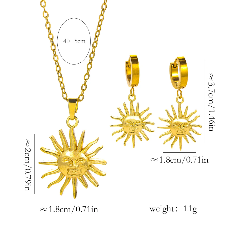 New In 18K Gold Plated Sun Pendant Necklace Earrings For Women Female Stainless Steel Neck Chain Jewelry Set