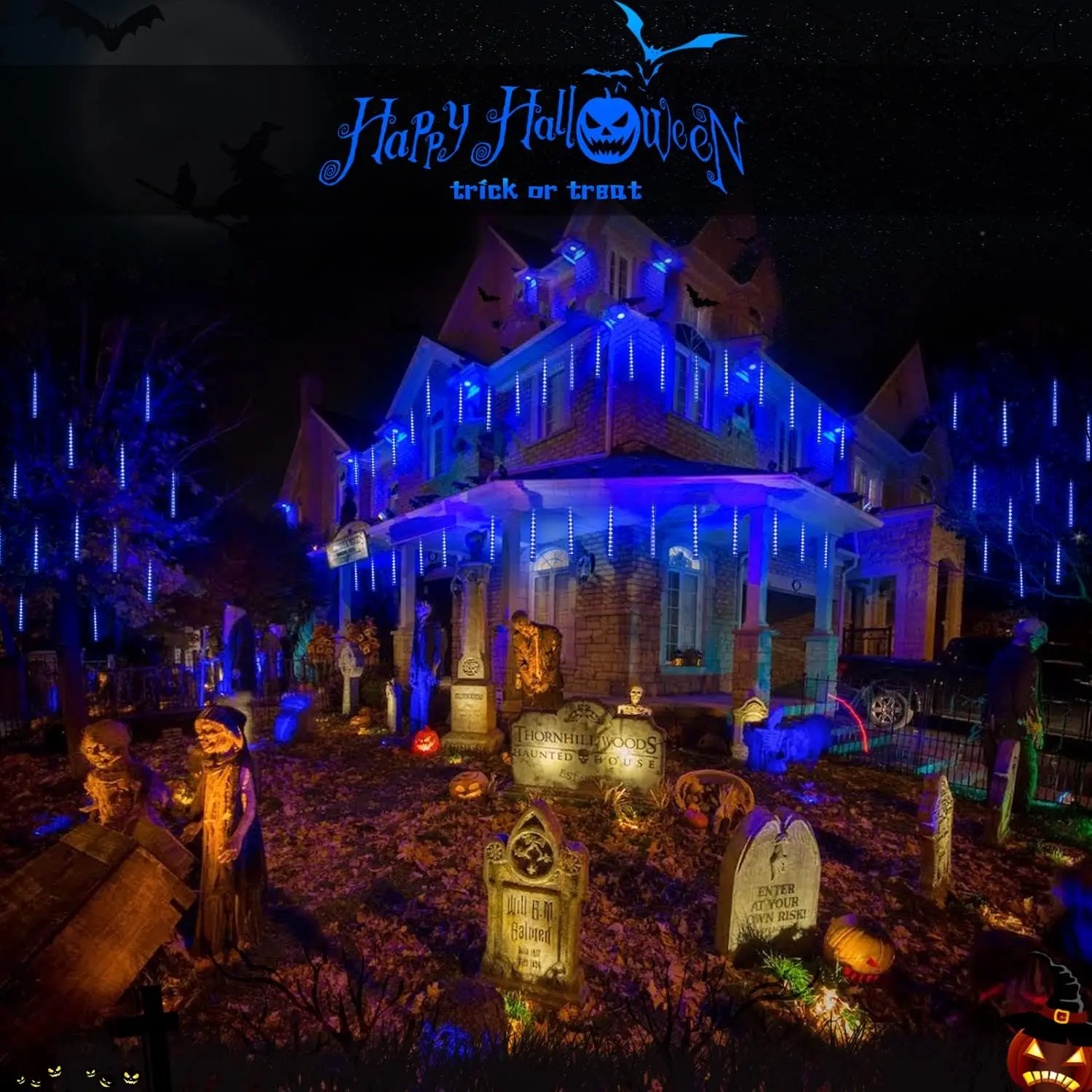 1 Pack Solar Meteor Shower Light/2 Pack 200 LED Solar Halloween Lights Blue