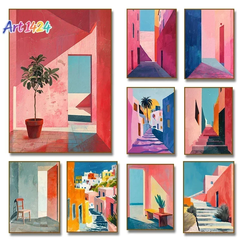 Pink Abstract Aesthetic Contemporary Greece Architecture Canvas Painting Mid Century Poster Print Wall Art Room for Home Deco