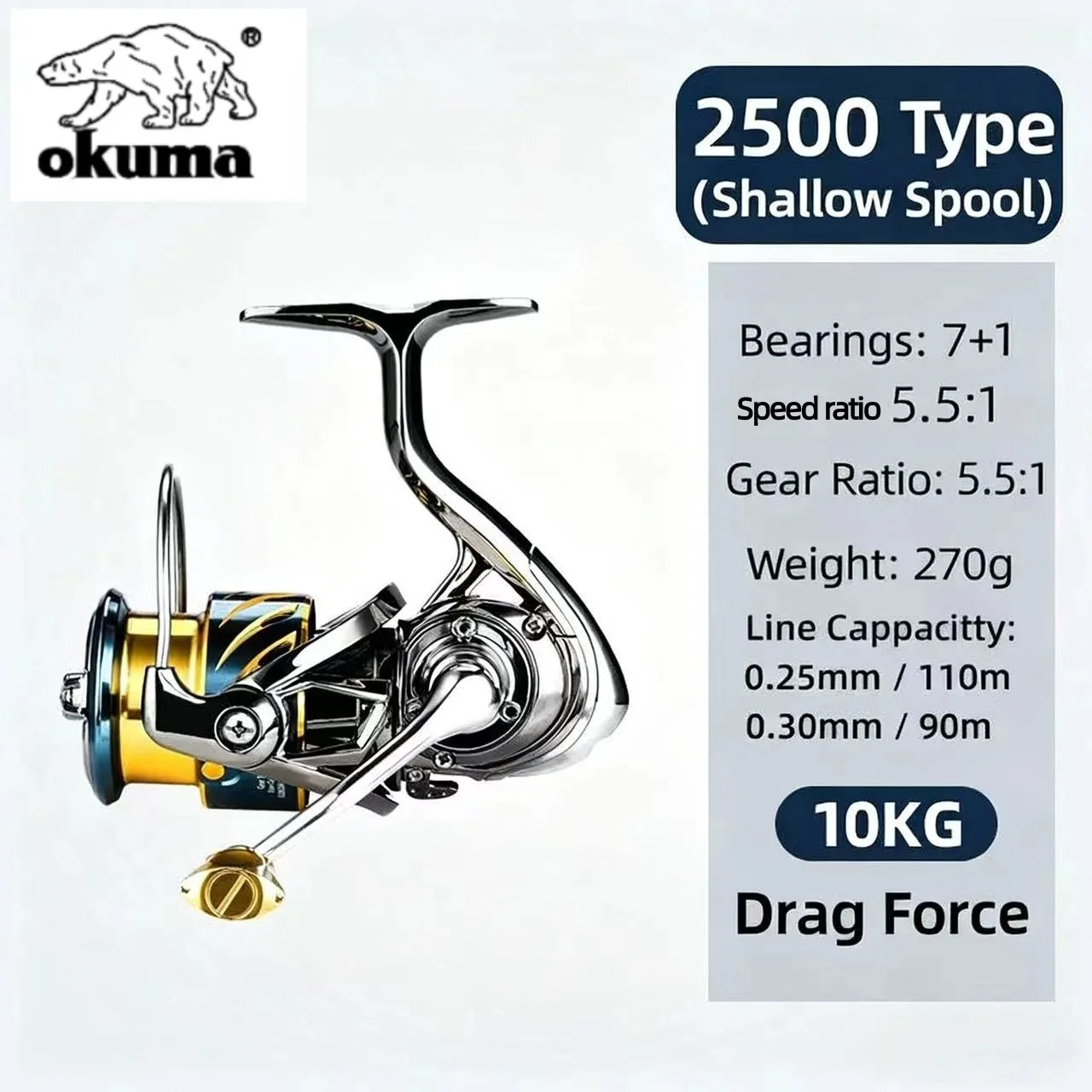 OKUMA 1000-7000 Vollmetall-Spinnrolle 7+1 Lager 5.1:1 Übersetzungsverhältnis 5KG Max. Bremskraft Universelle Köderrolle für Meer- und Süßwasser – Detail 25