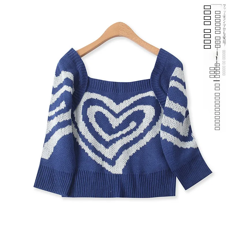 

Faionable Knitted Sweater with Embroidery Spring New Sle Women's ort Square Collar Flng Sve Heart Design Sweater