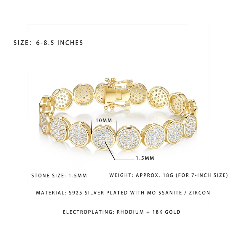 

18K Gold Plated S925 Silver Bracelet, 1.5MM Moissanite/Zircon Paved, 6-8.5 Inches
