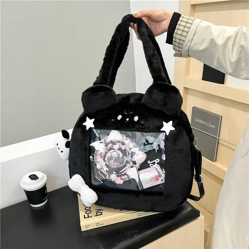 JIAERDI Plush Transparent Black Ita Bag Women Autumn Winter Harajuku Shoulder Crossbody Bags Girls Large Capacity Itabag Handbag