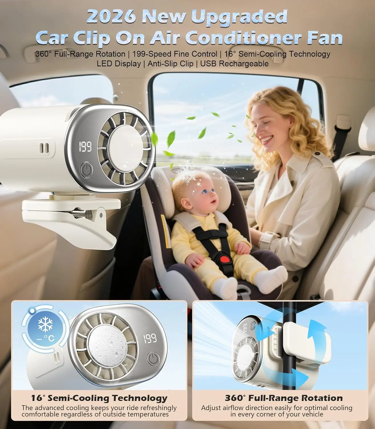2026 Car Clip On Air Conditioner Fan With LED Display, Car Clip On Air Conditioner, 16°C Semiconductor Cooling Chips, 199 Speeds
