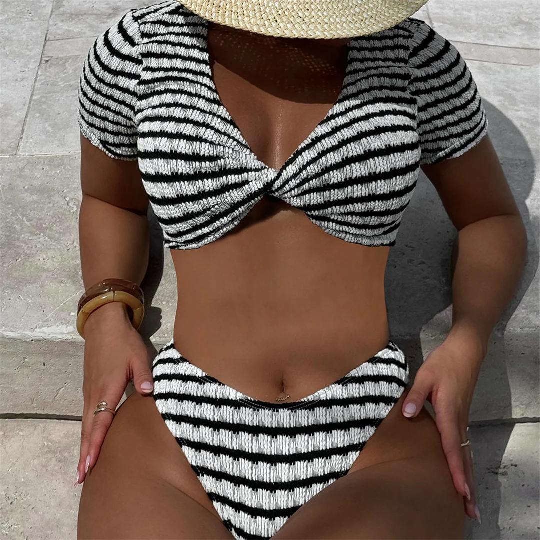 Gestreifter Bikini mit kurzen Ärmeln, Damen-Badeanzug, zweiteiliges Bikini-Set, brasilianischer Schnitt, gepolstert, Badebekleidung, Badeanzug, Modell V6615. – Detail 7