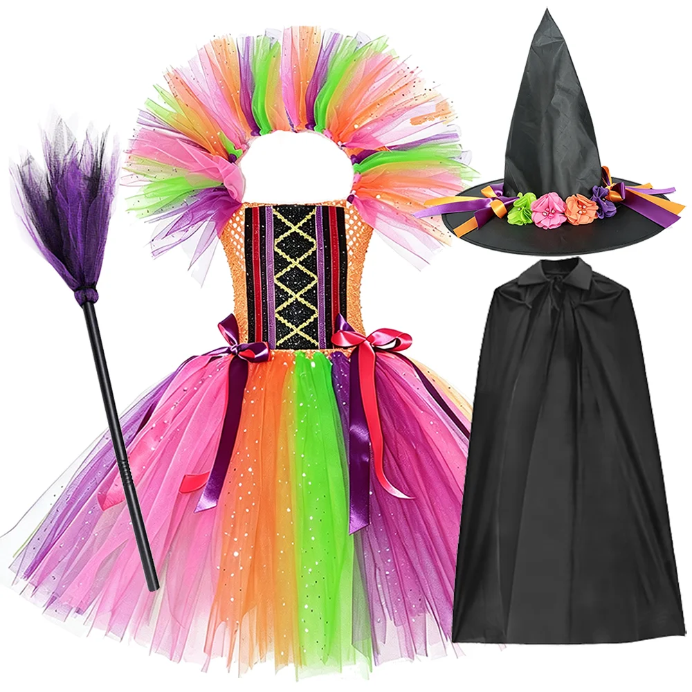 Children Rainbow Colorful Sparkly Tutu Dress Floral Decoration With Witch Hat Cap Broom Set For Halloween Masquerade Party Wear