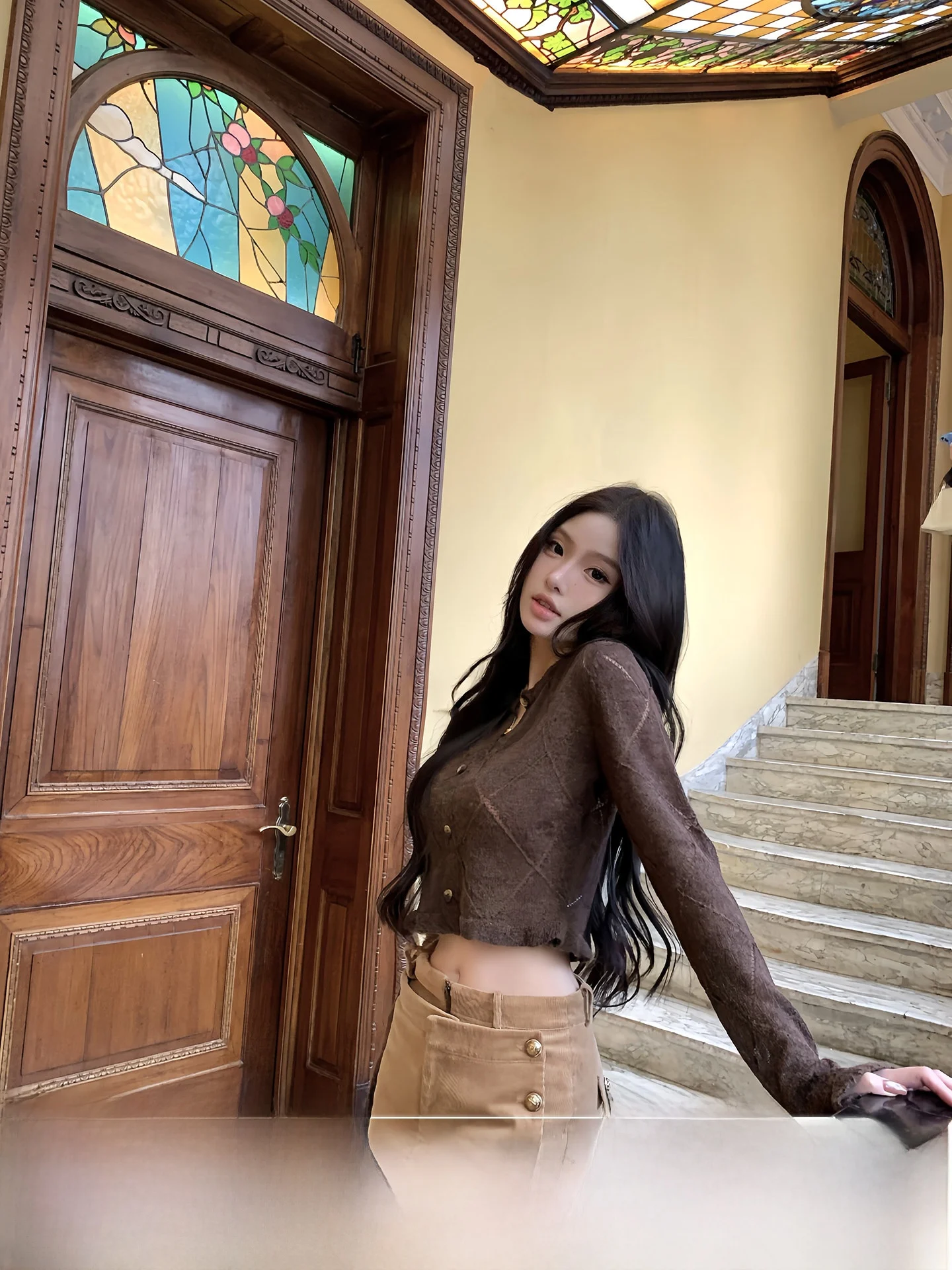 

Caramel Diamond Patterned Knitted ort Open Cardigan Velvet Skirt Pants Set Breathable Soft Long Sve round Ne ort Length