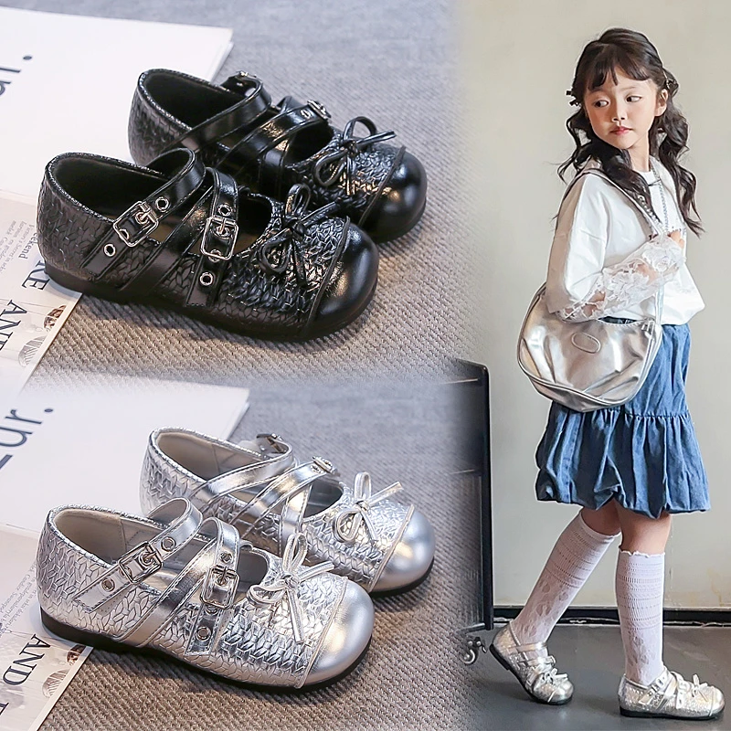 

Sweet Girls Flat Shoes Round Toes Kids Princess Shoes with Simple Bows 2025 Spring Autumn Children Leather Shoes Soft Bottom Ins