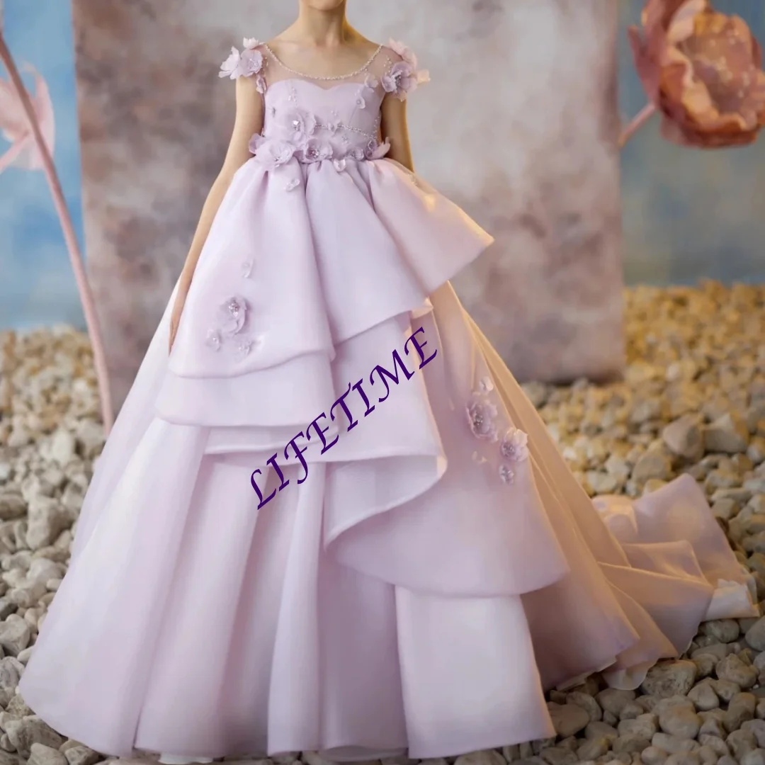 Sukienki dla dziewczynek na występy taneczne, luksusowe, fioletowe, zdobione koralikami, z kwiatami 3D, urocze, z kokardą, sukienka księżniczki, strój na wesele dla dzieci.