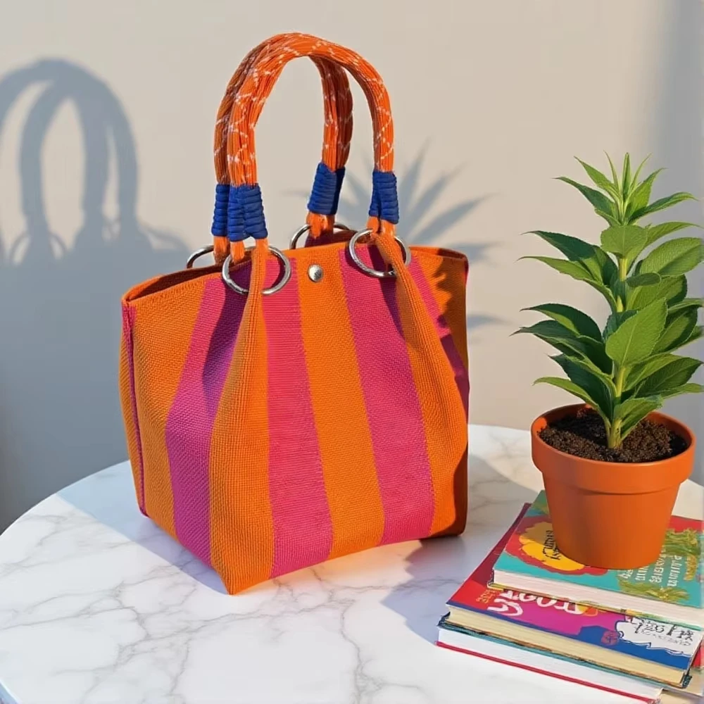Metal Ring Handbag Fashionable Women'S Bucket Bag Knit Tote Bag Spacious Color Block Handbag For Leisure Travel Daily Commuting