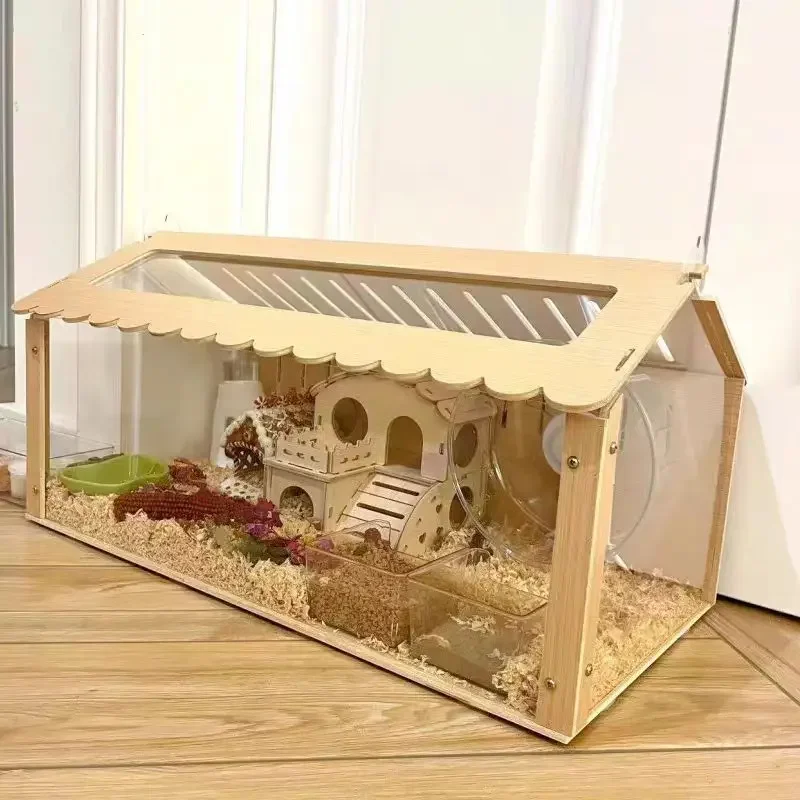 Acrylic and Wooden Hamster Cage, Assemble Transparent Visible Pet Feeding Cage, DIY Aquascape Crate Creeping Pet Feeding Box