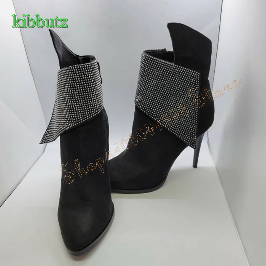 BlingBling Rhinestone High Heel Boots,Round Toe Suede Mid Calf Boots Women's Stiletto Zipper Boots 2024 New Zapatos Para Mujere