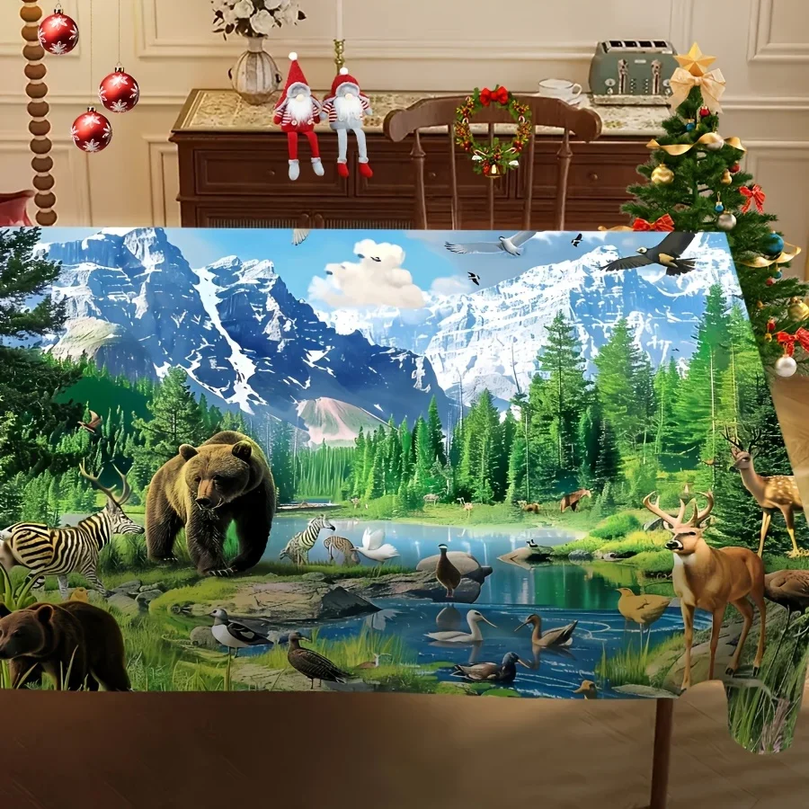 JIT - Forest Animal Landscape Tablecloth - Brown Bear and Deer by the Lake - Natural Mountain Scenery Printxzj