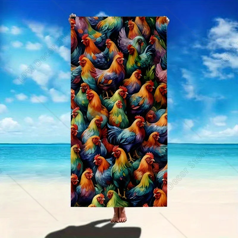 Rural Rooster Print Beach Towel Summer Vacation Essential Poolside Accessory Perfect Gift for Beach Lovers