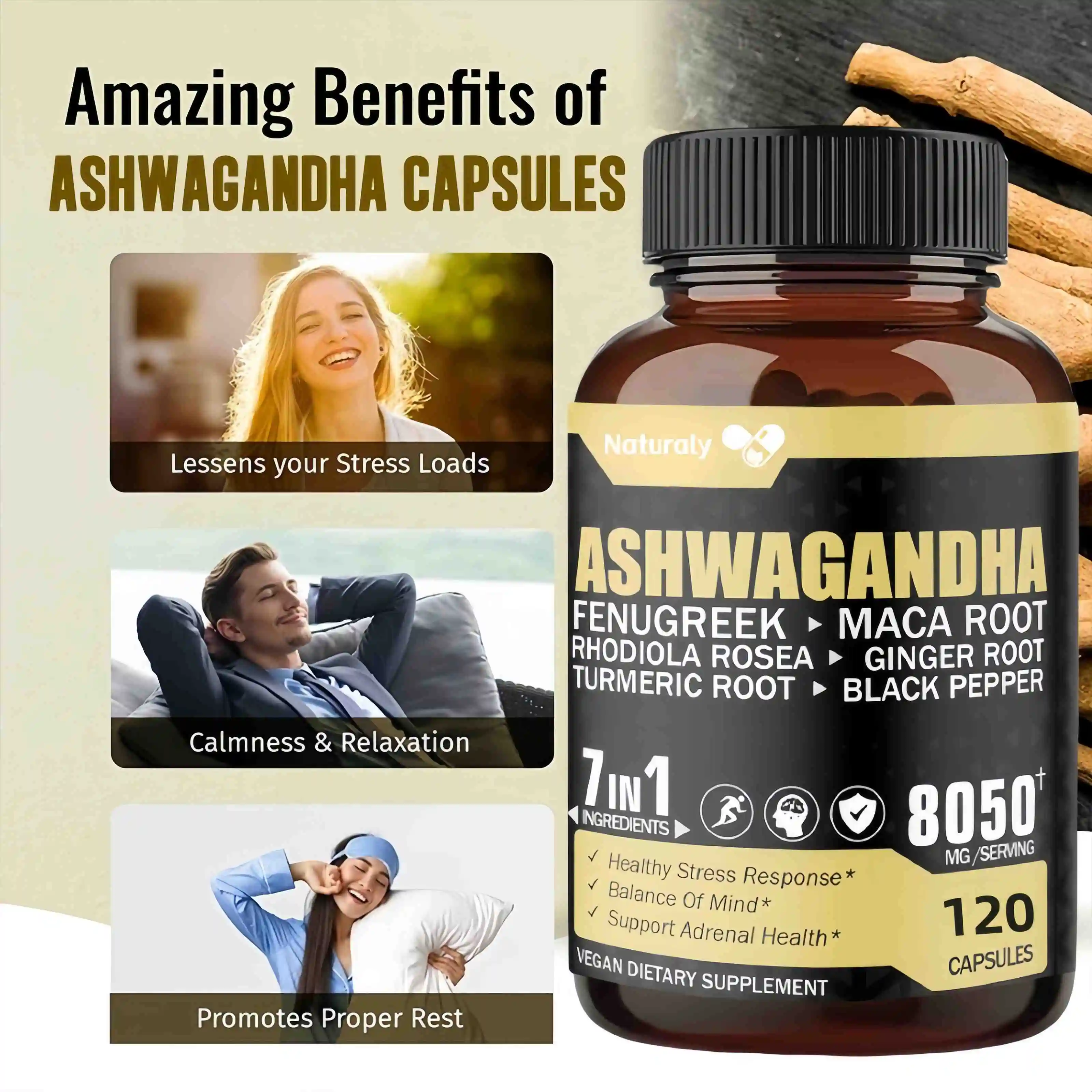 Ashwagandha Capsules Help Brain & Memory & Focus Health Anti Stress Health Sleep Benefit Immunity Vegetarian Capsules