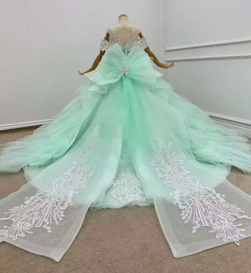 Luxury Girls Ball Gown Bubble Ruffles Puffy Mint Heavily Beaded Lace Banquet Party Dress Shinny Corset Back Flower Girl Dress