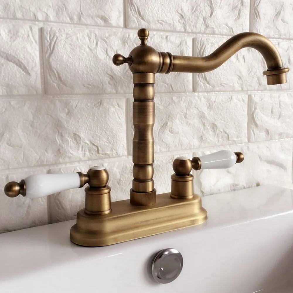 Antique Brass 4" Centerset Bathroom Sink Faucet Swivel Basin Mixer Tap Dual Ceramic Handles Levers man065 image 3