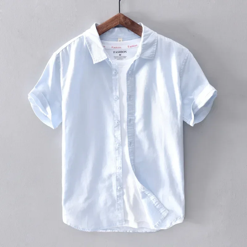 

2024 New Cotton Linen Short Sleeve Shirts for Men Casual Fashion Turn Down Collar Tops Male Summer Classic Basic Clothing