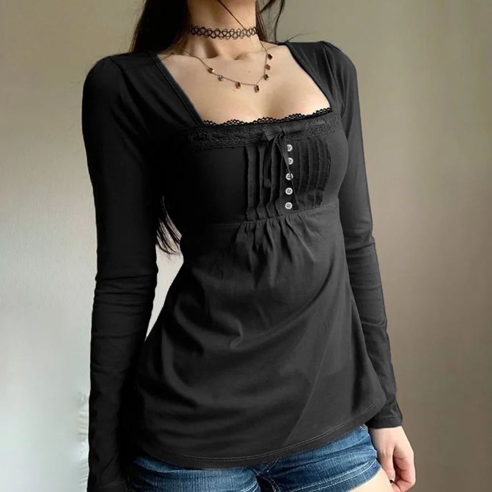 

Retro Girl Style Lace Patchwork Pleated Long Sleeve T-Shirt Bow Button A-Line Pullover Women's Casual Spring Summer Clothing