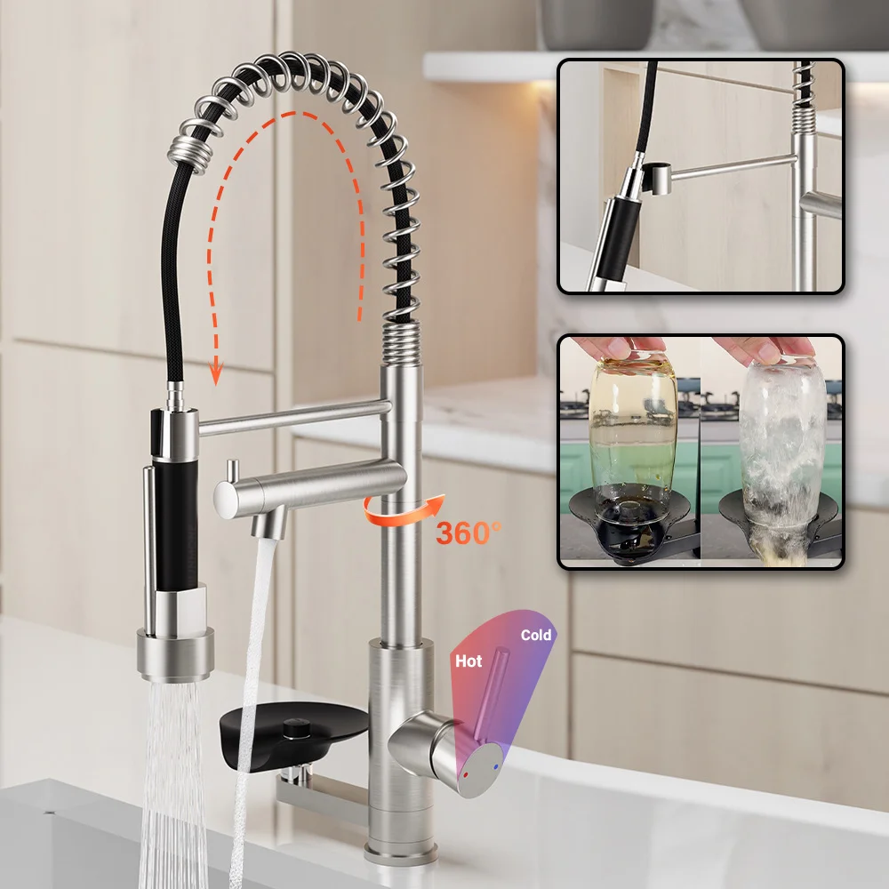

3 in 1 Modern Spring Kitchen Faucets with Cup Washer Dual Handle Water Purifier Kitchen Sink Faucet Hot Cold Pull Out Mixer Taps