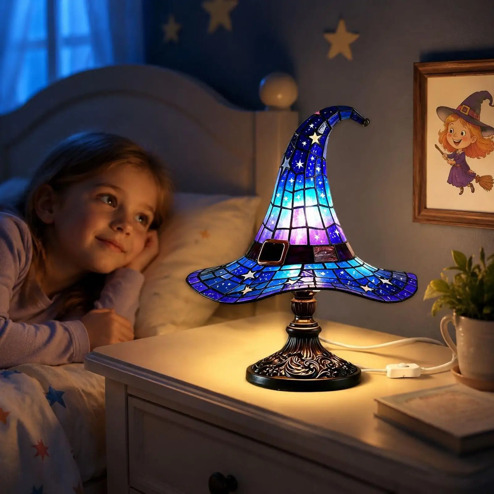 Witch Hat Table Lamp Modern Stained Glass With Usb Luxury Resin Warm Creative Night Light Hotel Lamps Bedroom Bedside Decoration
