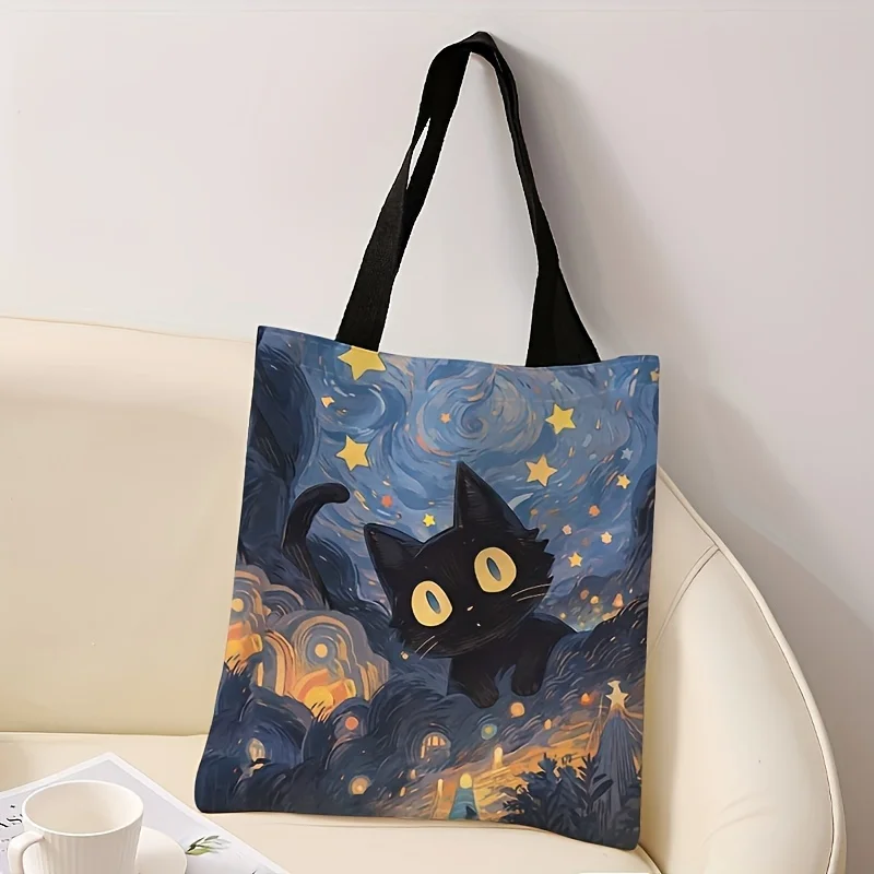 Borsa tote stampata con motivo gatto notturno nero Borse shopper a tracolla in tessuto di cotone per cartoni animati per borsa da donna Borsa riutilizzabile pieghevole ecologica