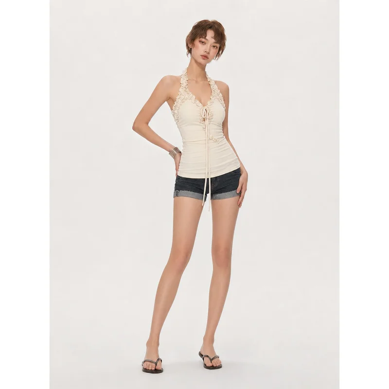 Bustier Neck Hanging Wooden  Trim Waist Cinching Vest Casual Style Polyester Fiber round Neck H-Shape Vest for Young Women