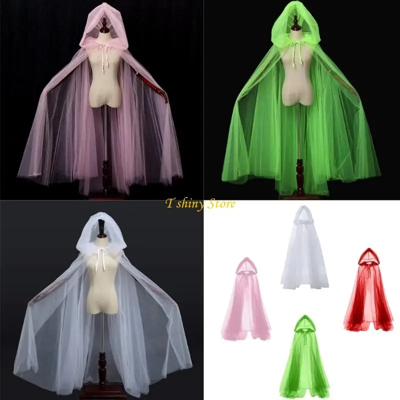 N58F Sheer Hooded Cloak Long Ponchos Shawl For Outdoor Formal Event Beach Wedding Wear