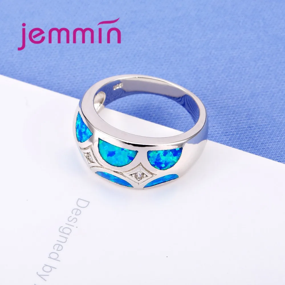Geometric Design 925 Sterling Silver  Blue Fire Opal Rings For Women Fashion Jewelry Elegant Wedding Rings