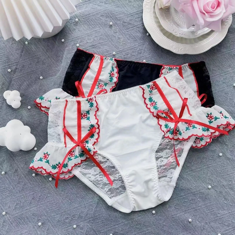 Big Size Shorts Lolita Splicing Floral Pants Bow Transparent Sexy Lace Panties Women High Rise Cotton Crotch Seamless Briefs