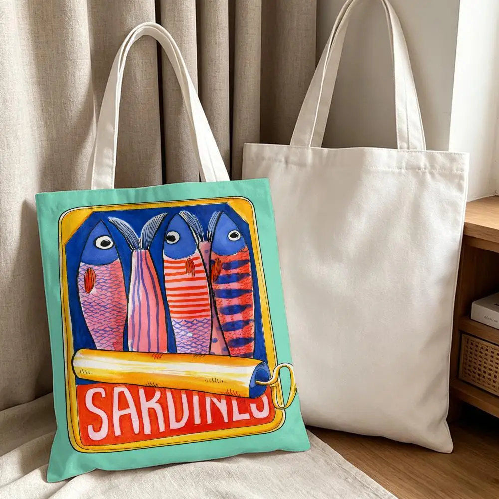 Vintage Sardine Tin Label Art Storage Bags Canvas Double-Sided Print Tote Bag Large Capacity Shoulder Fashion Shopping Handbag