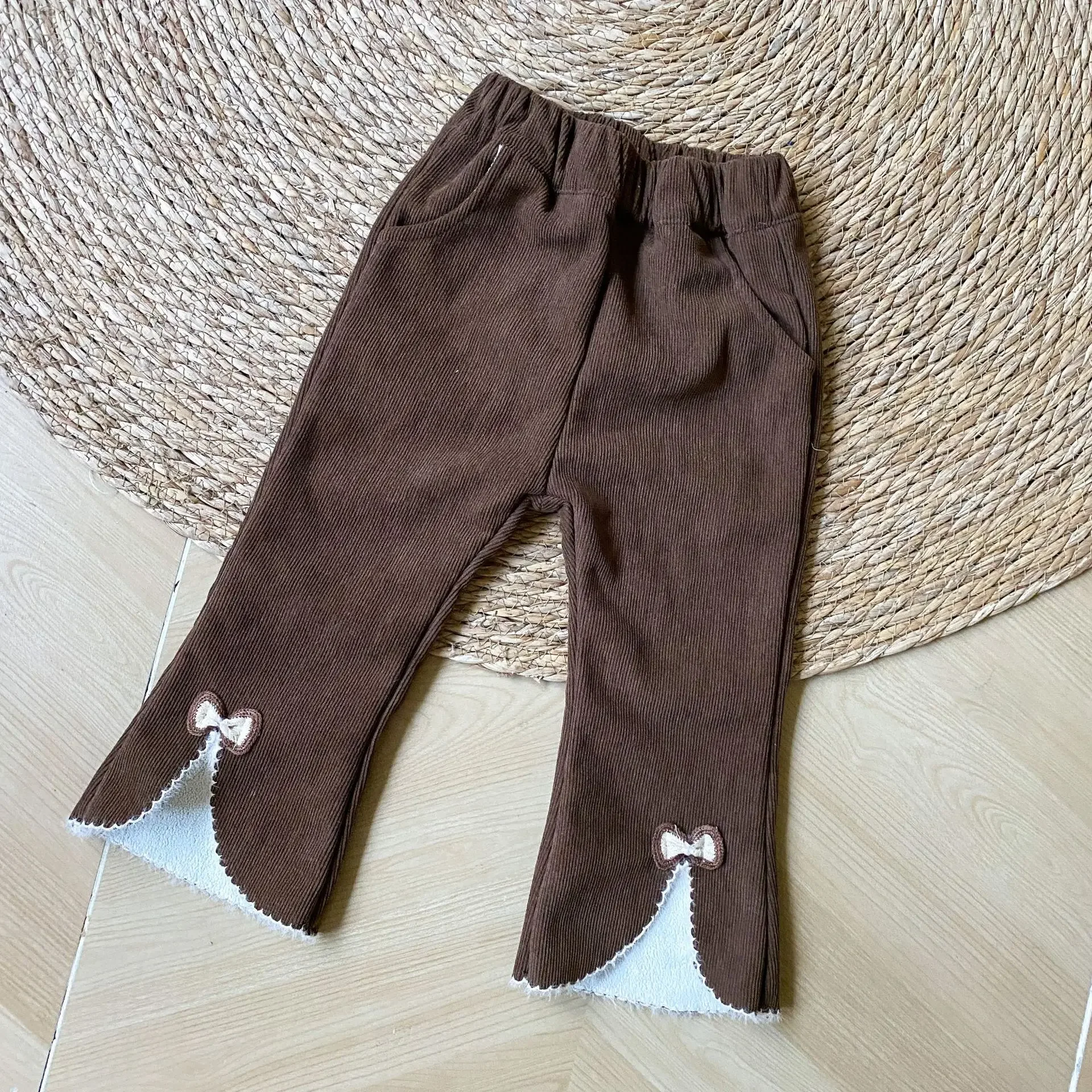 Girls' Corduroy Pants with Integrated Bow and Velvet 2024 New Autumn and Winter Warm Children's Baby Casual Pants