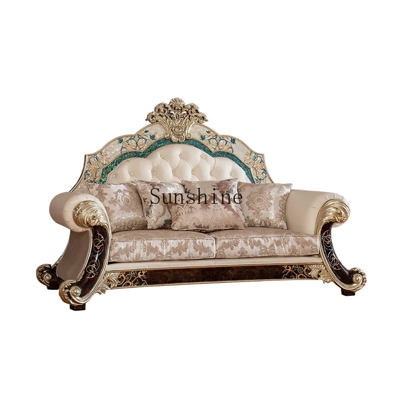 European shell parquet fabric sofa large apartment living room full solid wood carving flower sofa  FT