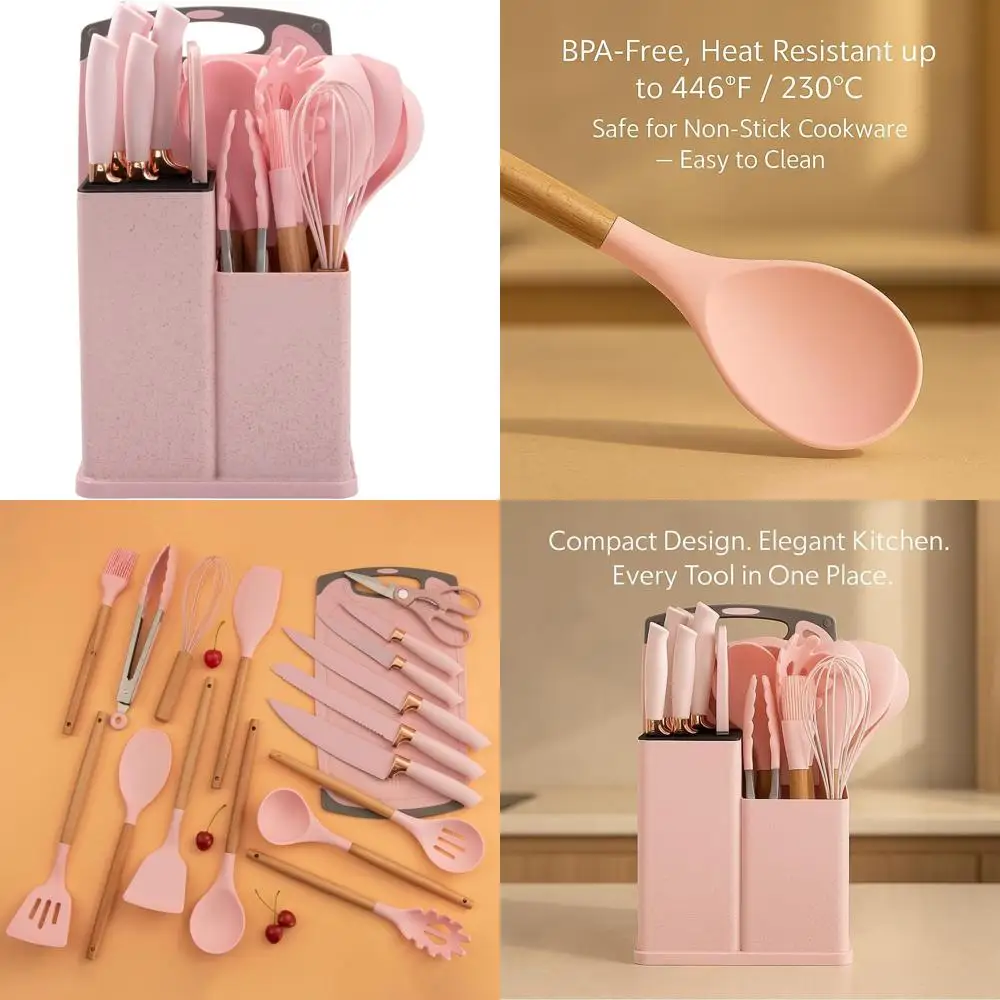 

Pink Silicone 19-Piece Kitchen Utensil Set: Non-Toxic Spatulas, Tools, Cutting Board