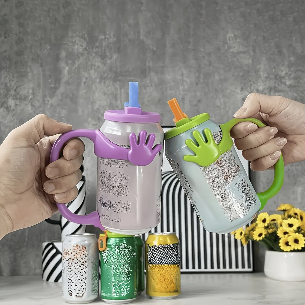 2Pcs Soda Can Handle Grips+Lids, Durable Plastic Beverage Can Holder Fit 6.6cm/ 2.6inch Body 5.4cm/2.16inch Mouth