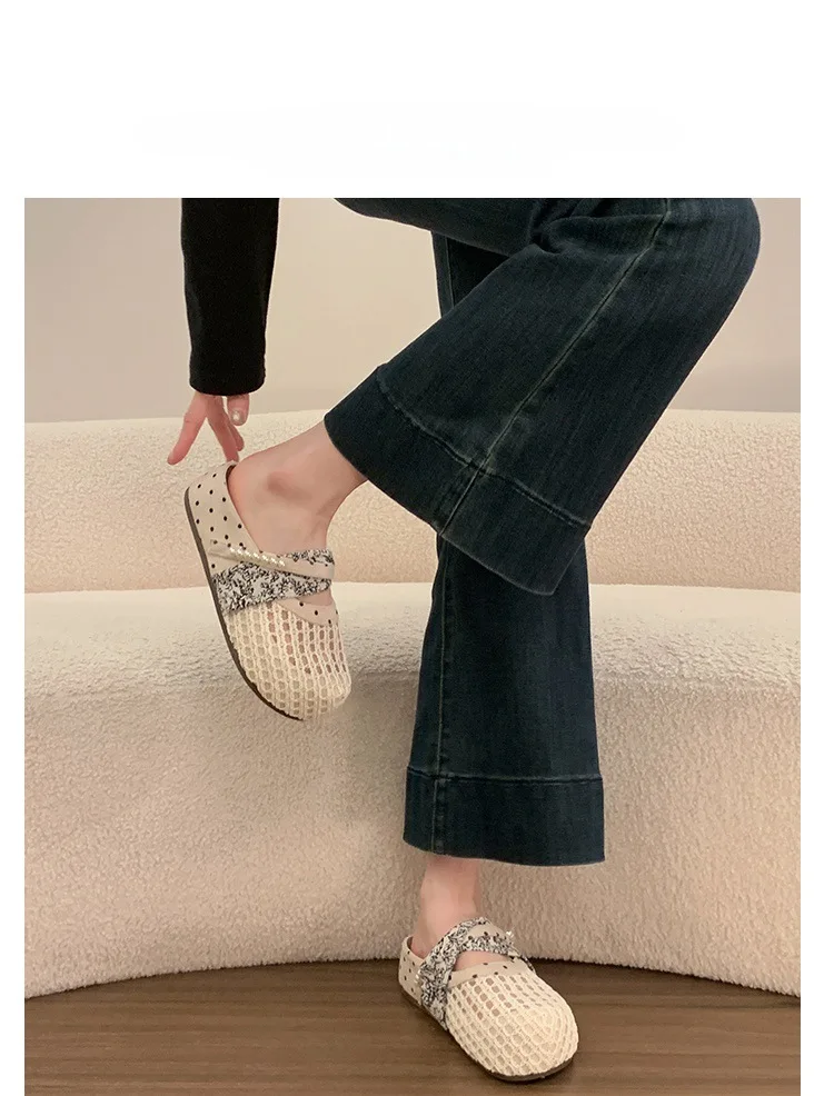 Atmungsaktive Mesh-Halbpantoffeln für Damen, Französische Polka-Dot-Perlen-Slip-On-Slides, Weiche Sohle, Geschlossene Zehenpartie, Geeignet für Breite Füße – Detail 9