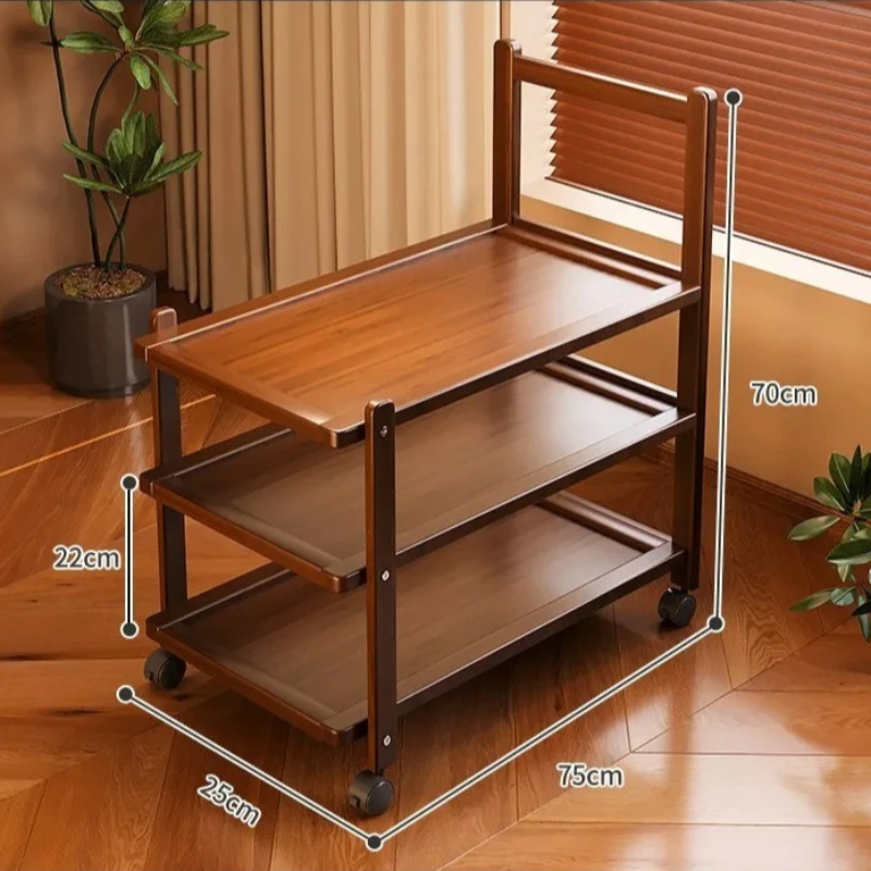 Sofa side table with pulley, simple living room bamboo square table, retro style cart storage rack, multi-layer storage rack