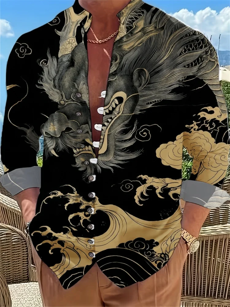 Men Stand Collar Multi Button Shirt Oriental Dragon Cloud Pattern Long Sleeve Lightweight Vacation Top Oversized Tunics