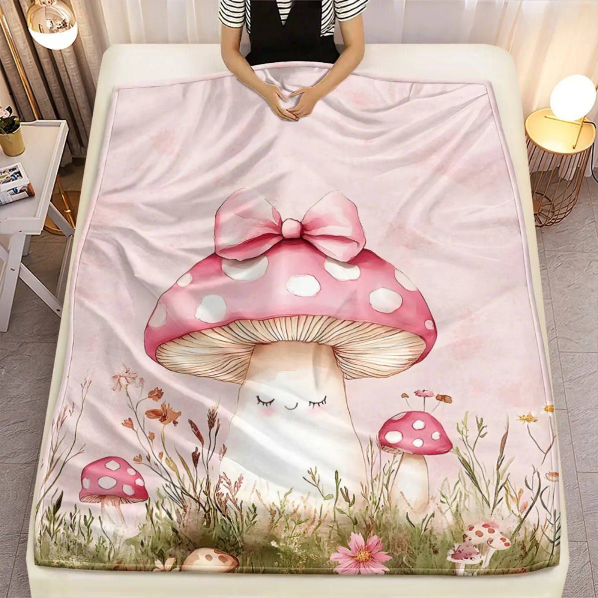 Cute mushroom with pink bow polka dots forest flowers soft flannel blanket cartoon fairy tale design kids room decorthrowblanket