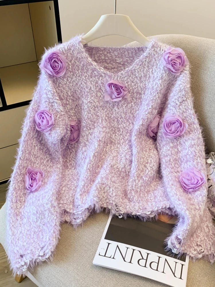 Autunno Inverno Dolce maglione floreale tridimensionale da donna Nuovo maglione lavorato a maglia pullover rosa alla moda Top S207