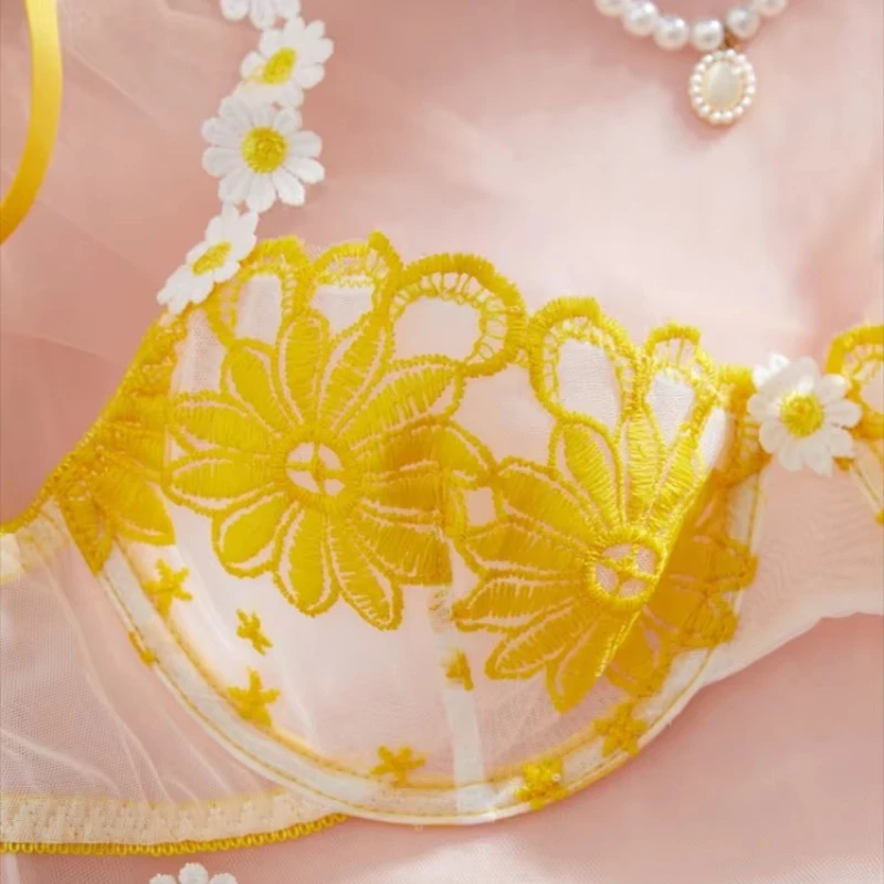 Doce floral renda lingerie conjunto para mulher fada amarelo bordado sutiã e calcinha define luxo íntimo erótico bela roupa interior
