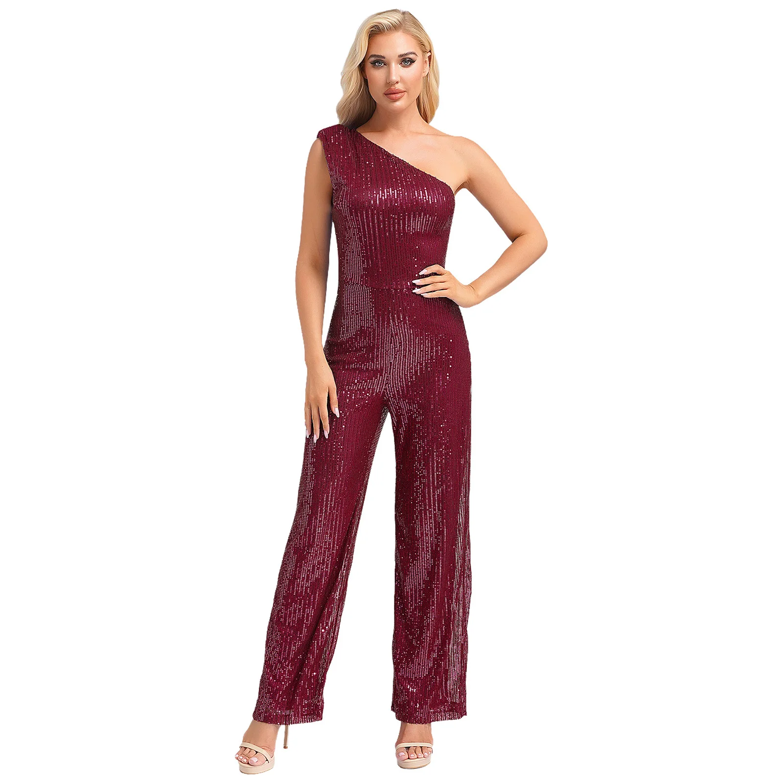 Women Girls One Shoulder Sequin Casual Straight Leg Pants Street Wear One-Piece Outfits Sleeveless Party Formal Romper Playsuit
