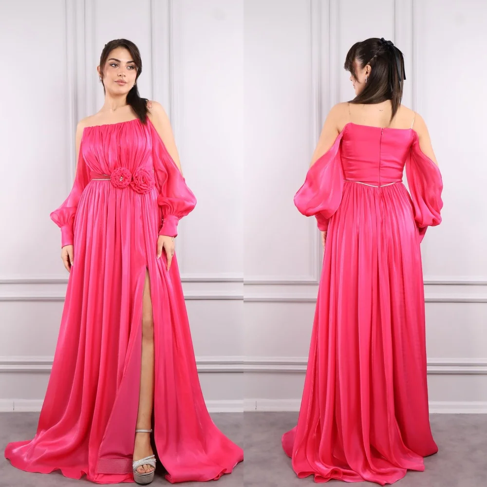 Customized es Flower Draped Pleat Valentine's Day A-line Off-the-shoulder Bespoke Occasion Gown Long Dresses