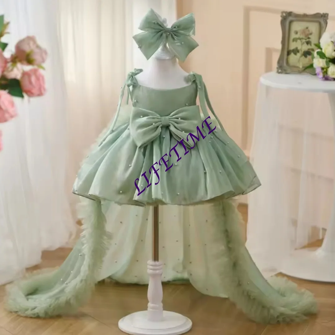 Sage Green Flower Girl Dress with Layered Pearls Tulle Sequins Bow - Customized Baby Birthday Party Infant Gown