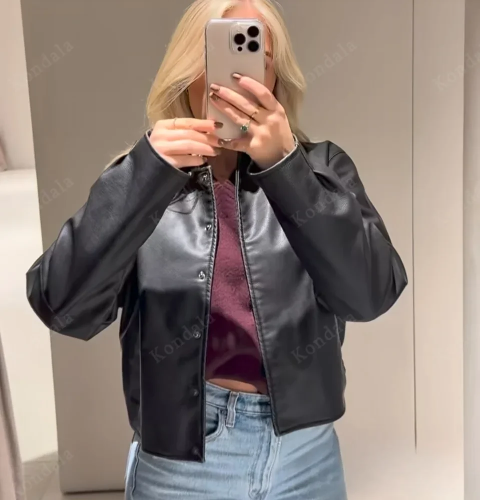 

KONDALA Fall Women Classic Leather Jacket Faux PU Buttons Black Jacket 2025 Spring Autumn Fashion Simple Versatile Lady Jacket