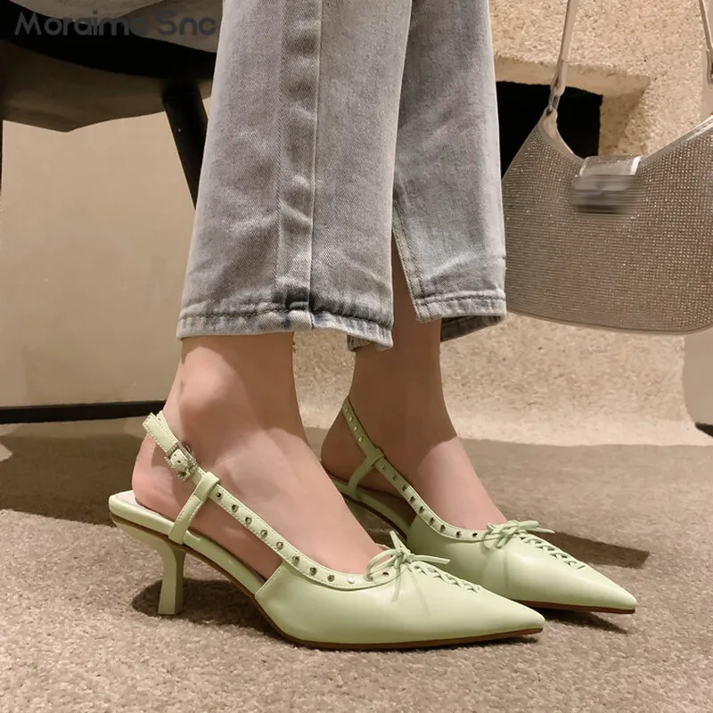 

Rivet Bow High-Heeled Sandals Summer Sheepskin Stiletto Pointed Toe Women's Shoes Shallow Mouth Empty Back Fashion Sandals