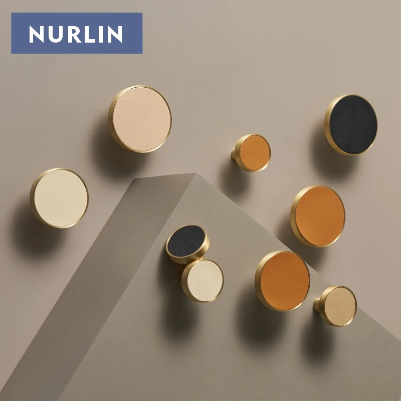 Nurlin Brass Cow Leather Furniture Handles Circle Long Shaped Wardrobe Luxurious Cabinet Knobs Door Pull Multiple Sizes